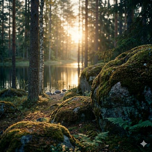 Сосновый лес, валуны и вода — изображение с сайта проекта